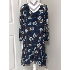 CAbi Blue Pirouette Floral Chiffon double Ruffle Dress